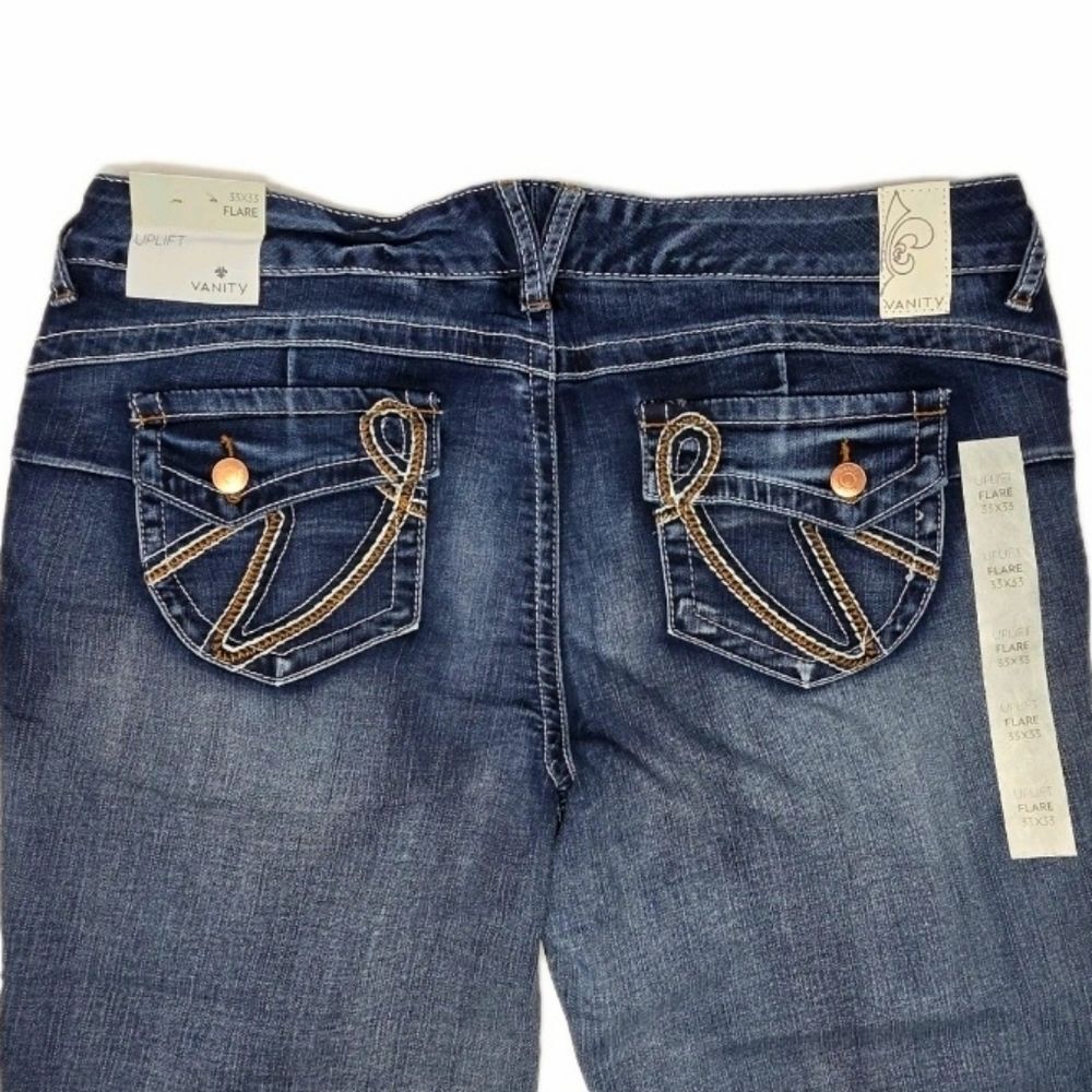 Vanity Uplift Orange Stitch Flare Blue Jeans 33x33 Mid-rise Women's NWT - Picture 7 of 15